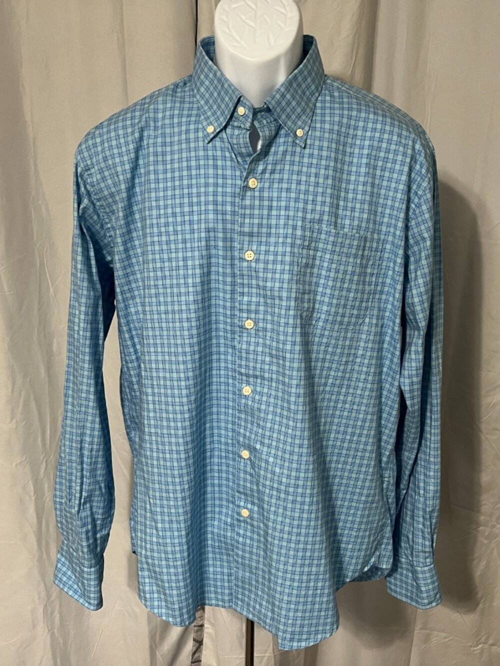 ⛳ Peter Millar Men’s Teal Blue Check Golf Shirt L Silk Spandex Long Sleeve EUC - Picture 2 of 5